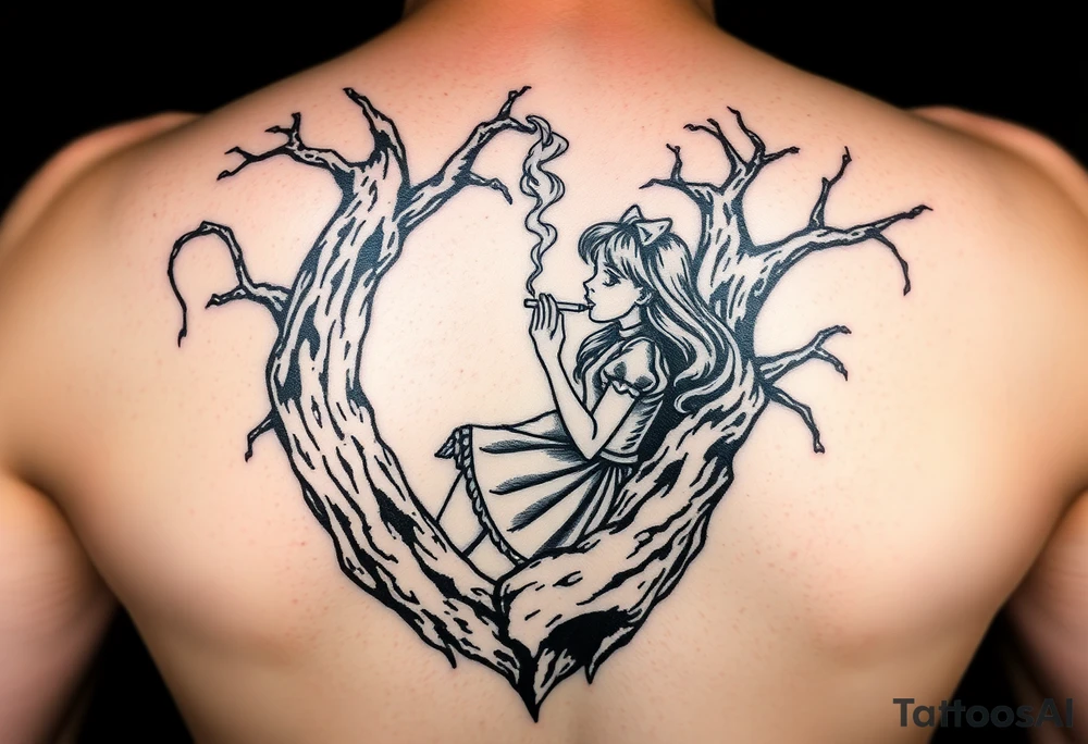 Alice in wonderland brunette falling down the tree hole smoking a cigarette and it creates a trail of smoke tattoo idea