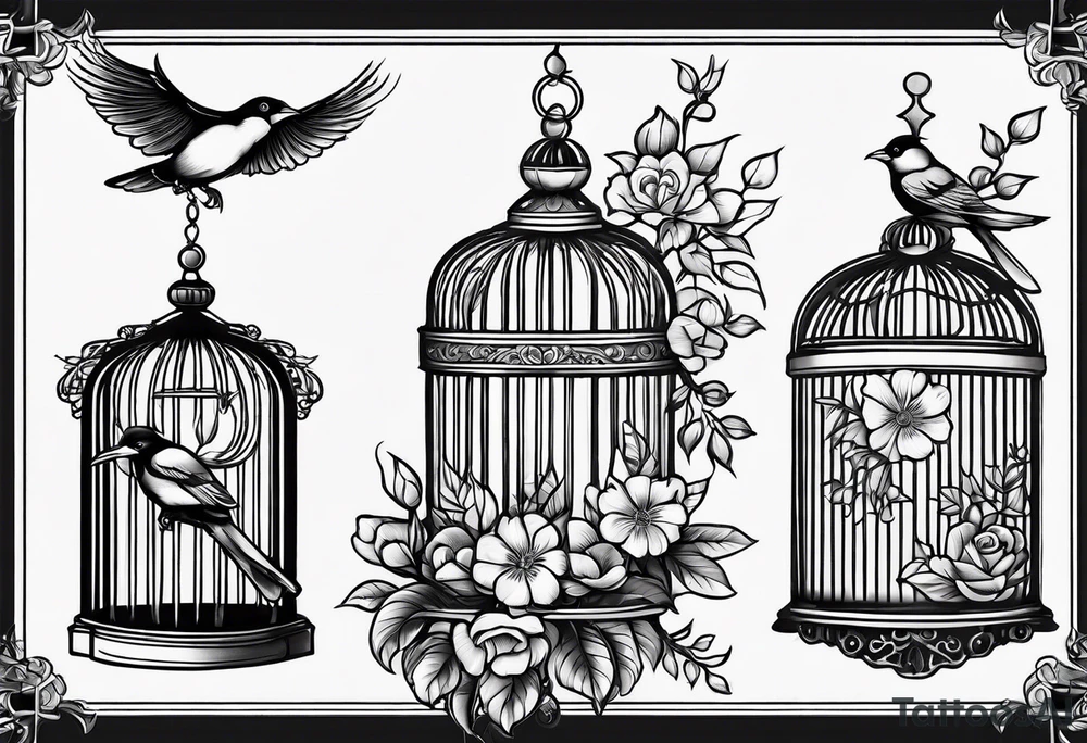 neo traditional foliage and flowers on the left top of a long bird cage tattoo idea
