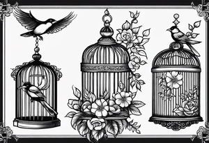 neo traditional foliage and flowers on the left top of a long bird cage tattoo idea