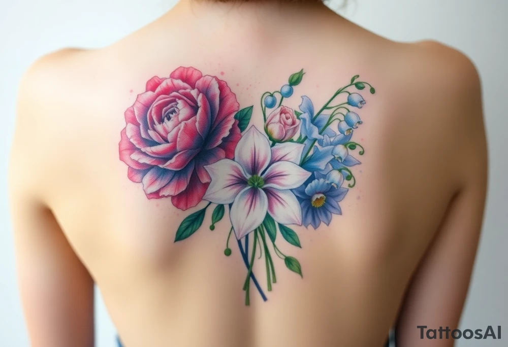 Bouquet of flowers with a carnation, rose, Lily of the valley, delphinium with stems tattoo idea