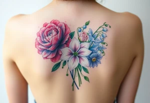 Bouquet of flowers with a carnation, rose, Lily of the valley, delphinium with stems tattoo idea