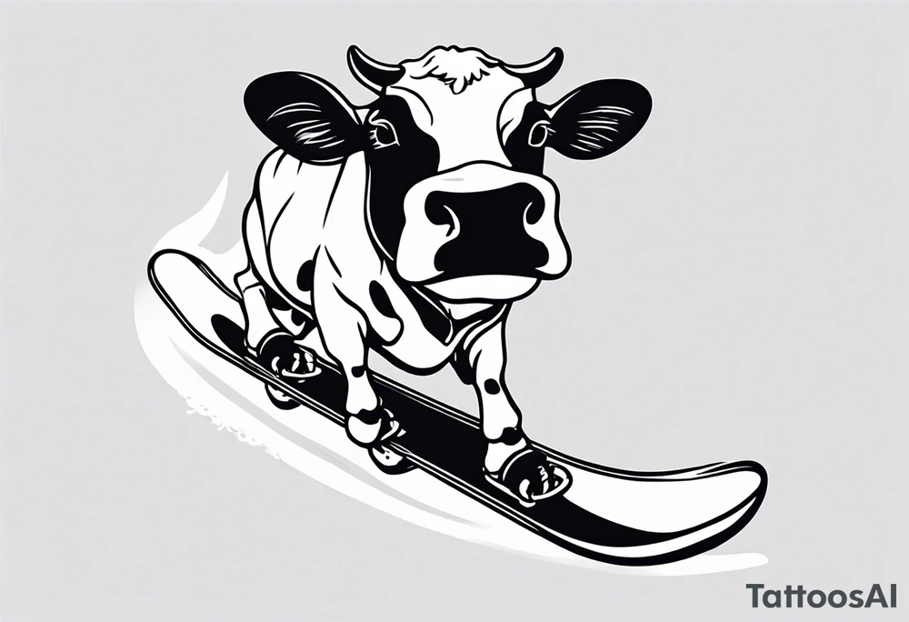 Generate a minimalist and simple black and white tattoo design featuring a joyful cow snowboarding, wearing goggles. Focus on essential lines and details to convey the playful spirit of the scene. The cow should exude confidence while effortlessly snowboarding down a snowy slope. Keep the design clean and uncluttered, suitable for a small to medium-sized tattoo space. Emphasize the charm and whimsy with the addition of goggles, ensuring the overall aesthetic remains simple and minimalistic. The goal is to create a visually appealing and easily recognizable tattoo that captures the essence of a cow enjoying a snowboarding adventure tattoo idea