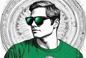 portrait of Joseph Smith Jr. wearing a Dartmouth College shirt, and hypnotic looking sunglasses, with a solar system background tattoo idea