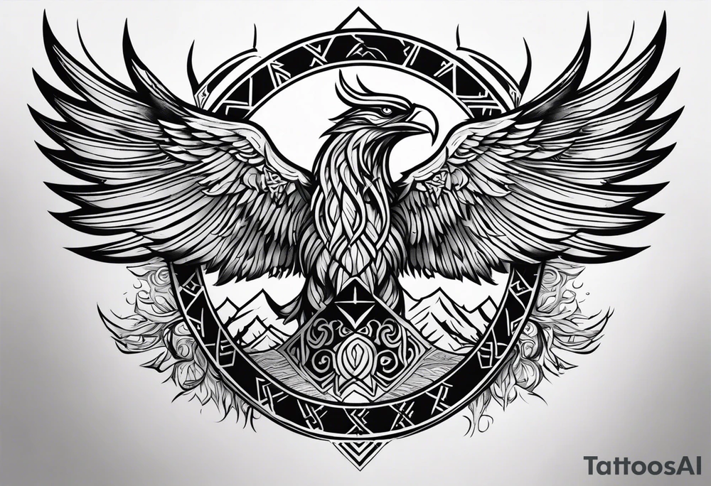 Viking design tattoo to go down the upper arm, so long and thin.
 Vegvisir on top of an existing phoenix tattoo with its wings outstretched, below it a Viking valknut symbol intertwined beneath it a tree if life design tattoo idea