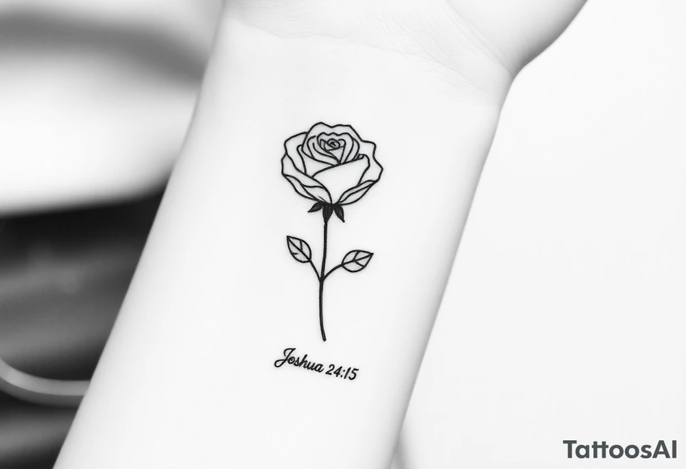 fine-line rose on my inner wrist, with the stem flowing down into the word Joshua 24:15 in tiny clean text underneath tattoo idea