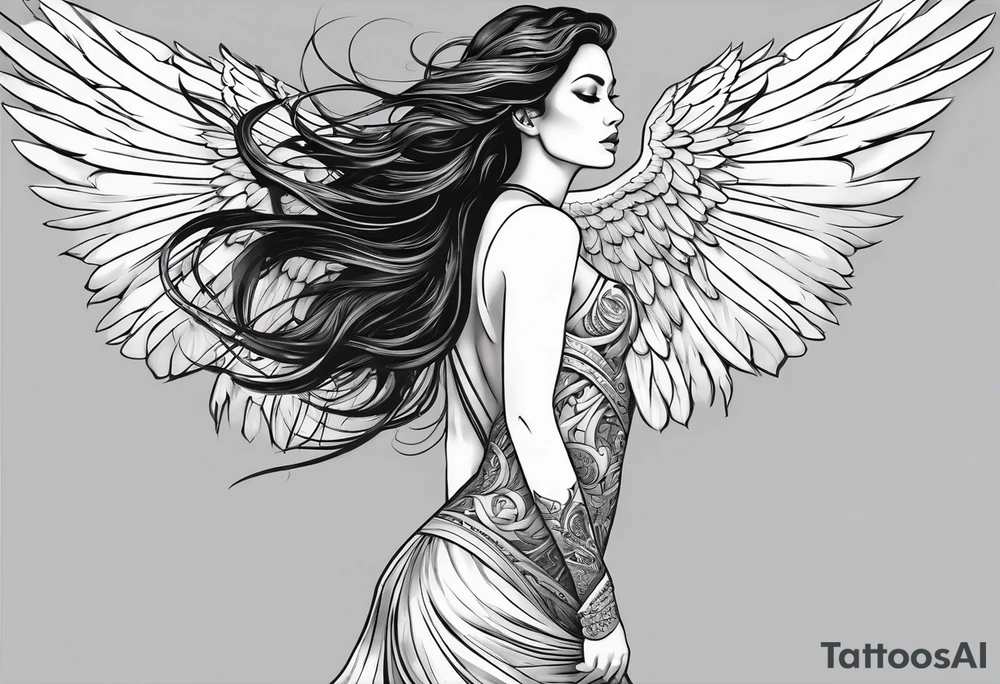 angel woman with big wings full body flying on the sky looking right side  we  can see right profile tattoo idea