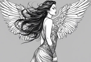 angel woman with big wings full body flying on the sky looking right side  we  can see right profile tattoo idea