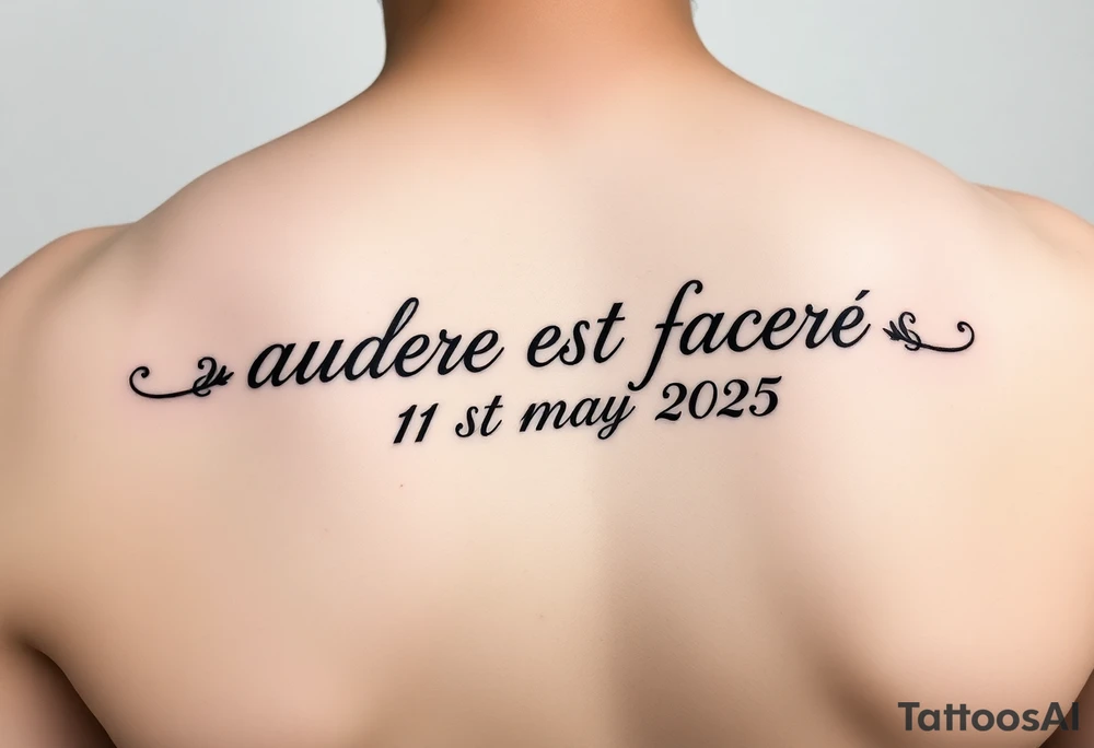 Do a tattoo on a guys forearm with the text ”audere est facere” and ” 21 st may 2025 ” under the text and make it in a curved line tattoo idea