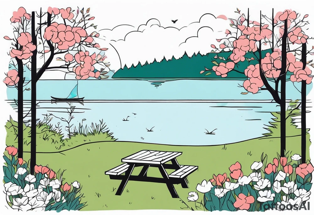 picnic scene in nature by a lake with bushes, tress and flowers. tattoo idea