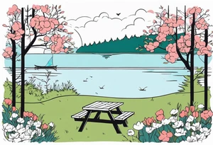 picnic scene in nature by a lake with bushes, tress and flowers. tattoo idea
