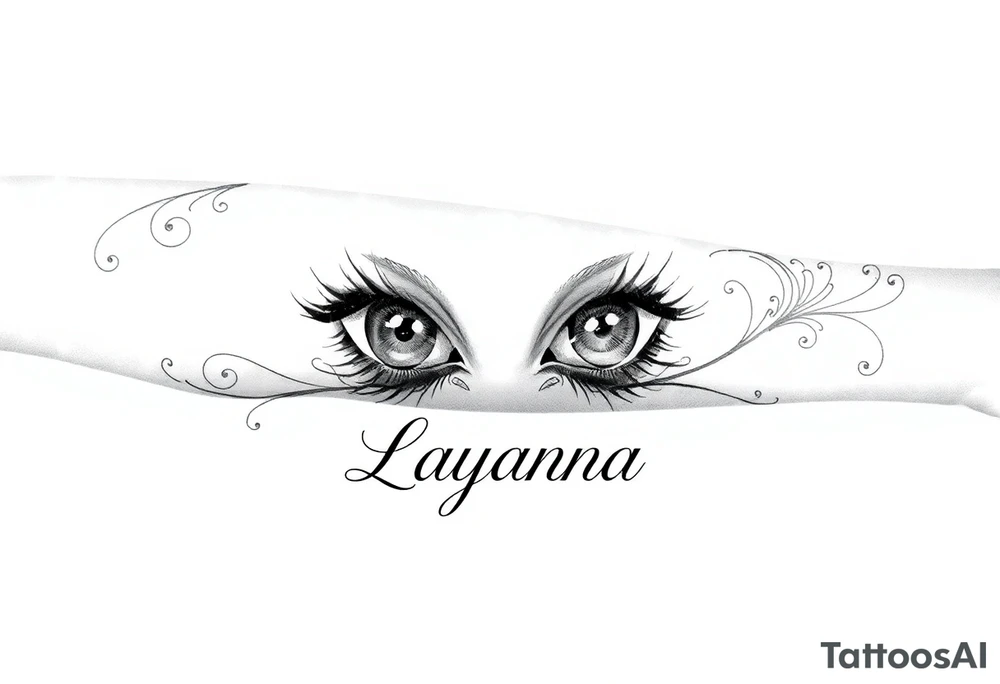Baby eyes with the name layanna at the bottom of it tattoo idea