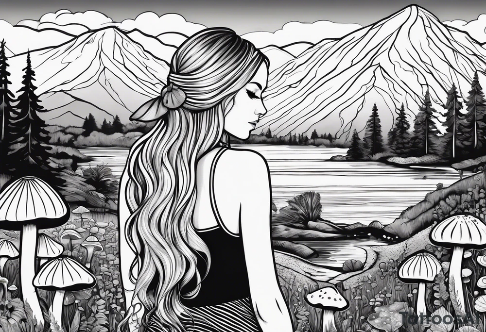 Straight long blonde hair hippie girl in distance holding mushrooms in hand facing away toward mountains and creek surrounded by mushrooms black and white striped dress tattoo idea