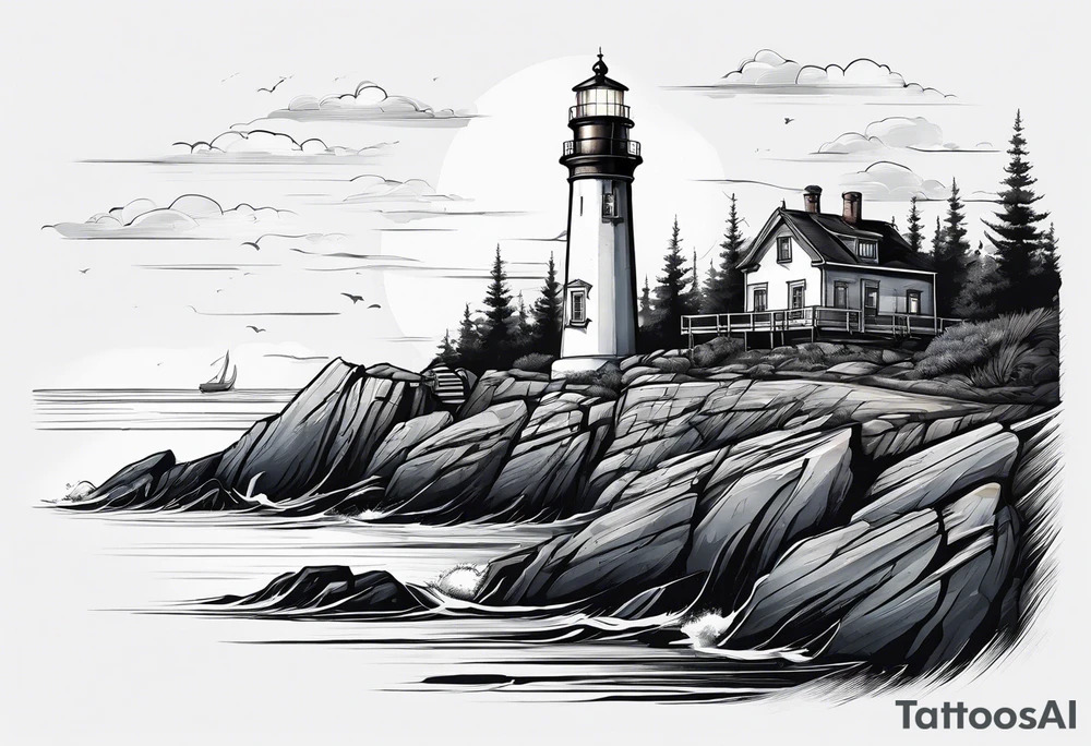 lighthouse at the ocean, a bit realistic  framed, minimalistic tattoo idea