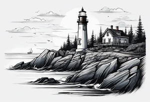 lighthouse at the ocean, a bit realistic  framed, minimalistic tattoo idea