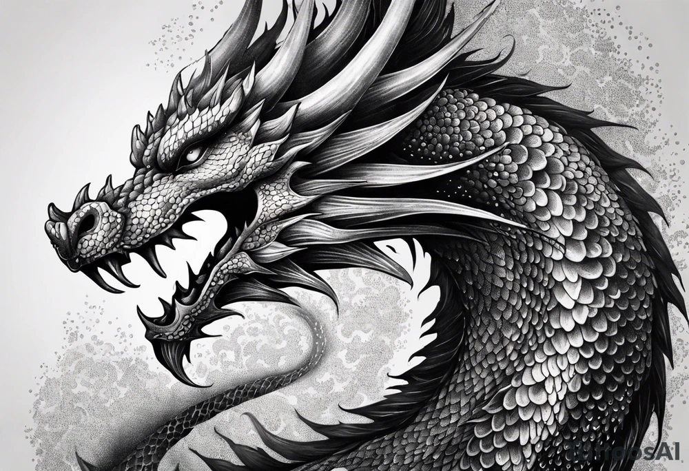 An ornate dragon breathing fire, with intricate scales and a fierce expression, symbolizing power and protection.” tattoo idea