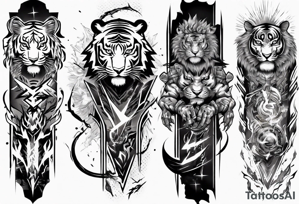 Tiger warrior with lightning and the sun for a forearm sleeve tattoo idea