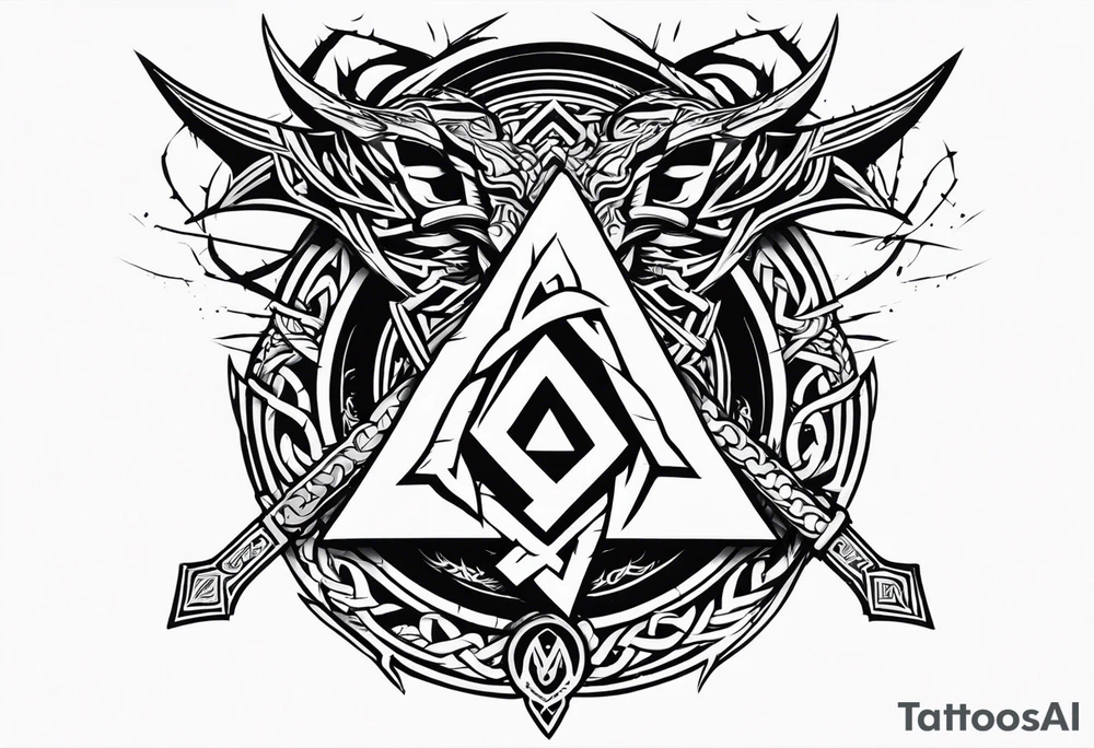 Valhalla sword shield dragon axe Valknut barbed wire chains tribal tattoo idea Valhalla sword shield dragon axe Valknut barbed wire chains tribal tattoo idea