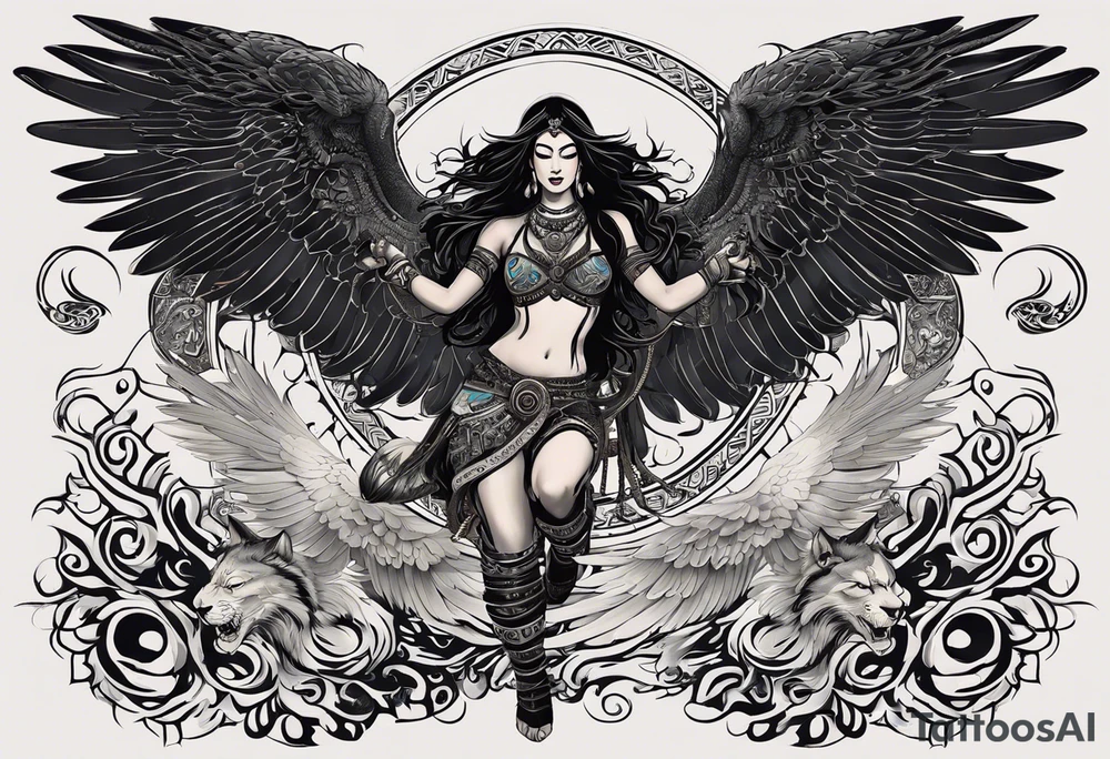 black kali, goddess pirate, alien, angel, pachamama, valkrye, warrior, flying, skull, lotus azul, wing, eagle, zenza resonance, stars, 5D, anahata chakra, death, durga, riding on a tiger, flying lady tattoo idea