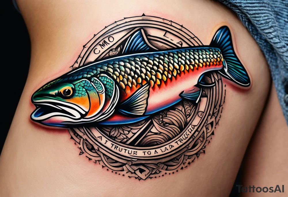 A small tattoo with a shaded trout and text that says, 'Como la trucha...' drawn with fine lines." tattoo idea