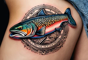 A small tattoo with a shaded trout and text that says, 'Como la trucha...' drawn with fine lines." tattoo idea