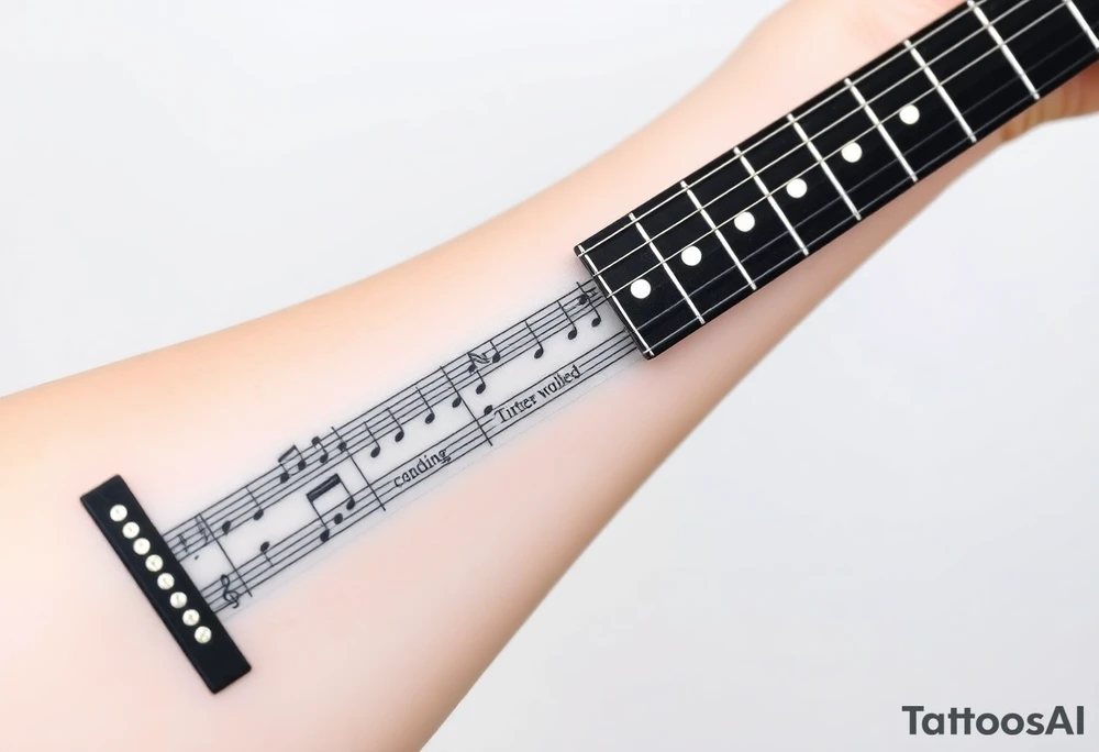 Gibson Les Paul guitar with the vocal sheet music for the song Distant sun by crowded house printed on the fret board of the guitar with the vocal music and the words to the line  of the song"Seven worlds will collide" tattoo idea