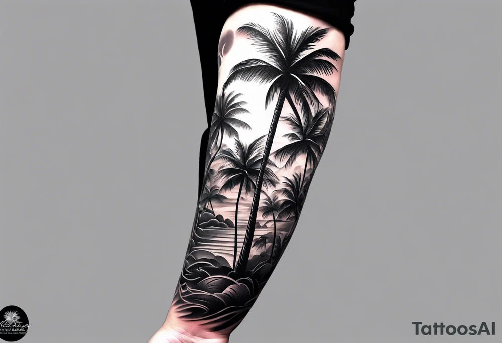 Detailed Palm tree arm sleeve tattoo idea