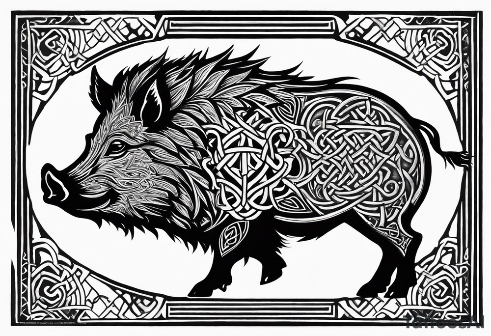 Side profile, Celtic, tribal, wild boar, On a Chatwin family crest with blue background, two gold stars, and a gold Chevron, and a Thistle. With bold black tribal lines. ancient Celtic, tribal boar tattoo idea