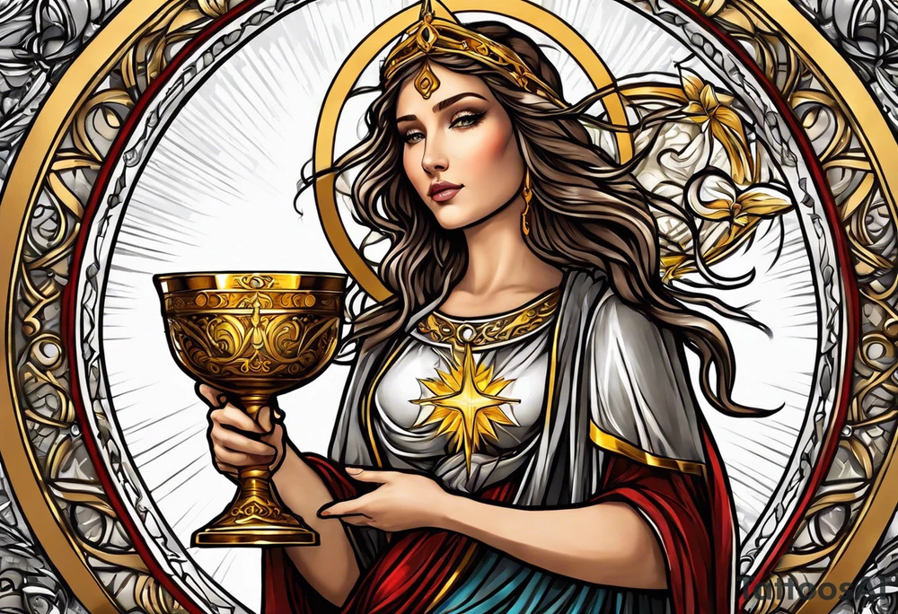 woman saint holding chalice surrounded by golden halo tattoo idea