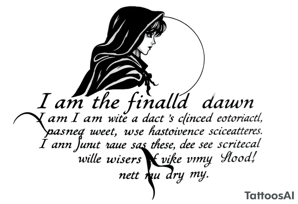 Gothic girl with a cape on in demi light circled around with these lyrics " I am the final dawn I am the flood and what was missing from those scriptures will be written in my blood" tattoo idea