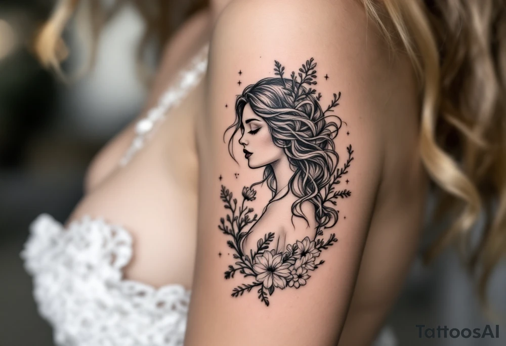 ethereal mermaid with flowing hair among coral and sea flowers tattoo idea