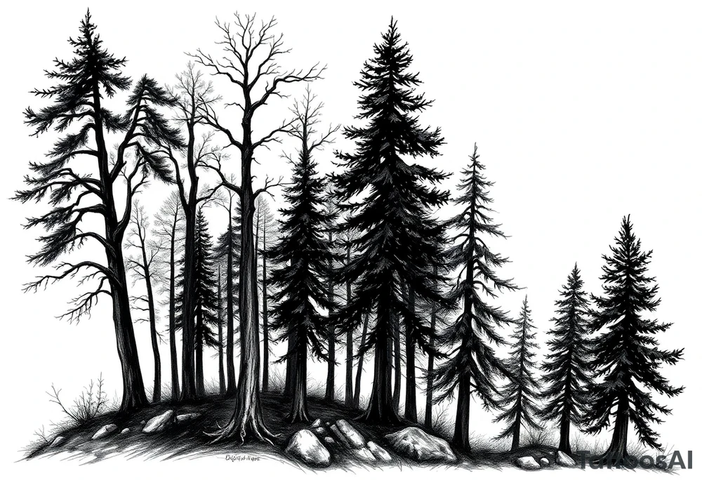 Needle forest with black and gray trees tattoo idea