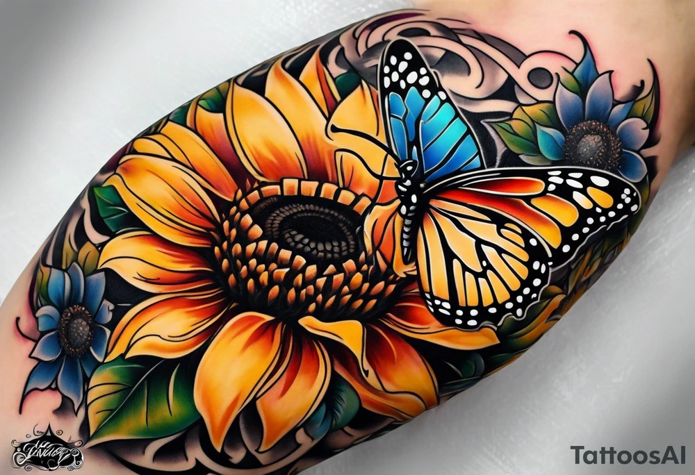 Arm sleeve with sunflowers and butterflies tattoo idea