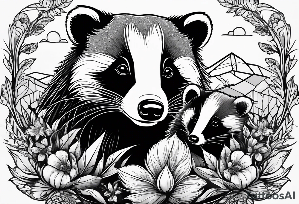 A badger with a cub in a field of flowers, realistic in center and getting more trippy towards the edges, open fireplace and a cannabis leaf included tattoo idea