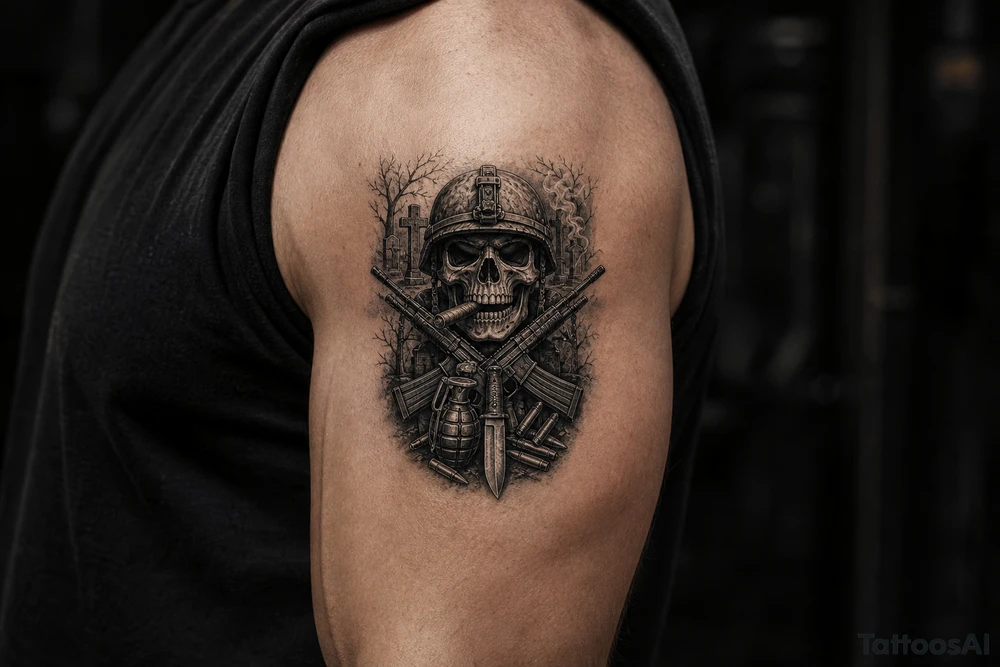 Dark fantasy graveyard, skull in helmet, cigar, crossed rifles, knife, grenade, cartridges. tattoo idea