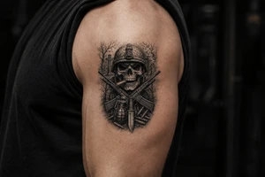 Dark fantasy graveyard, skull in helmet, cigar, crossed rifles, knife, grenade, cartridges. tattoo idea