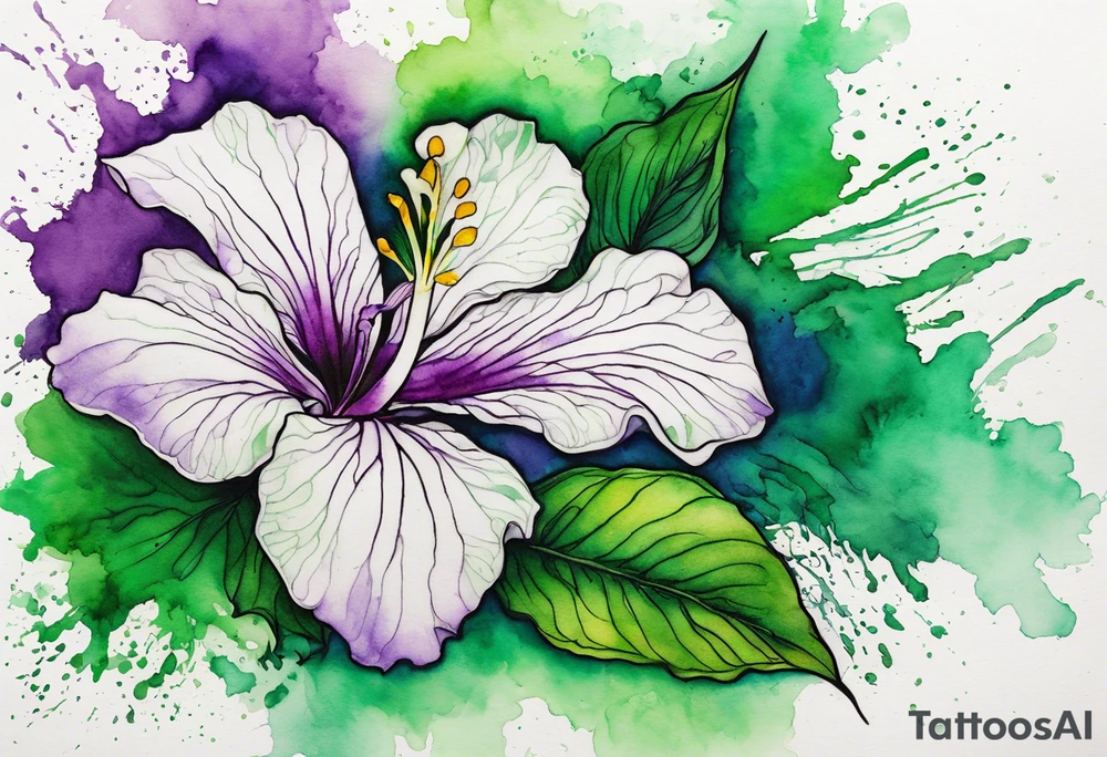 An outline of an only green rio dipladenia flower and a green and purple watercolor splash in the background tattoo idea