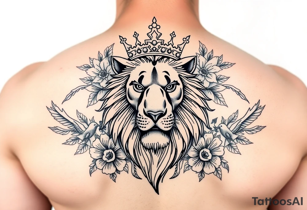 powerful majestic lion with a crown, surrounded by floral ornaments and birds tattoo idea