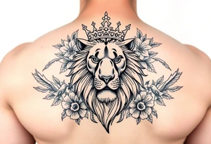 powerful majestic lion with a crown, surrounded by floral ornaments and birds tattoo idea