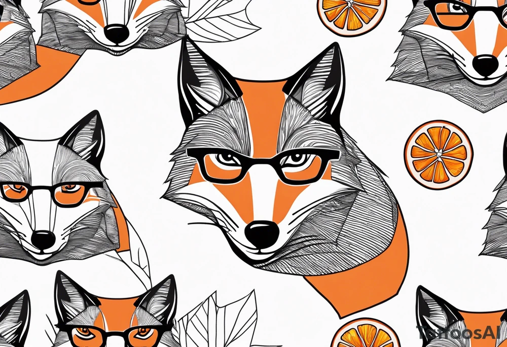 Geometric sly fox with beard and black horn rimmed glasses with Negroni in short lowball cocktail glass with ice and orange peel tattoo idea