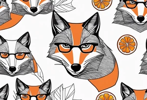 Geometric sly fox with beard and black horn rimmed glasses with Negroni in short lowball cocktail glass with ice and orange peel tattoo idea