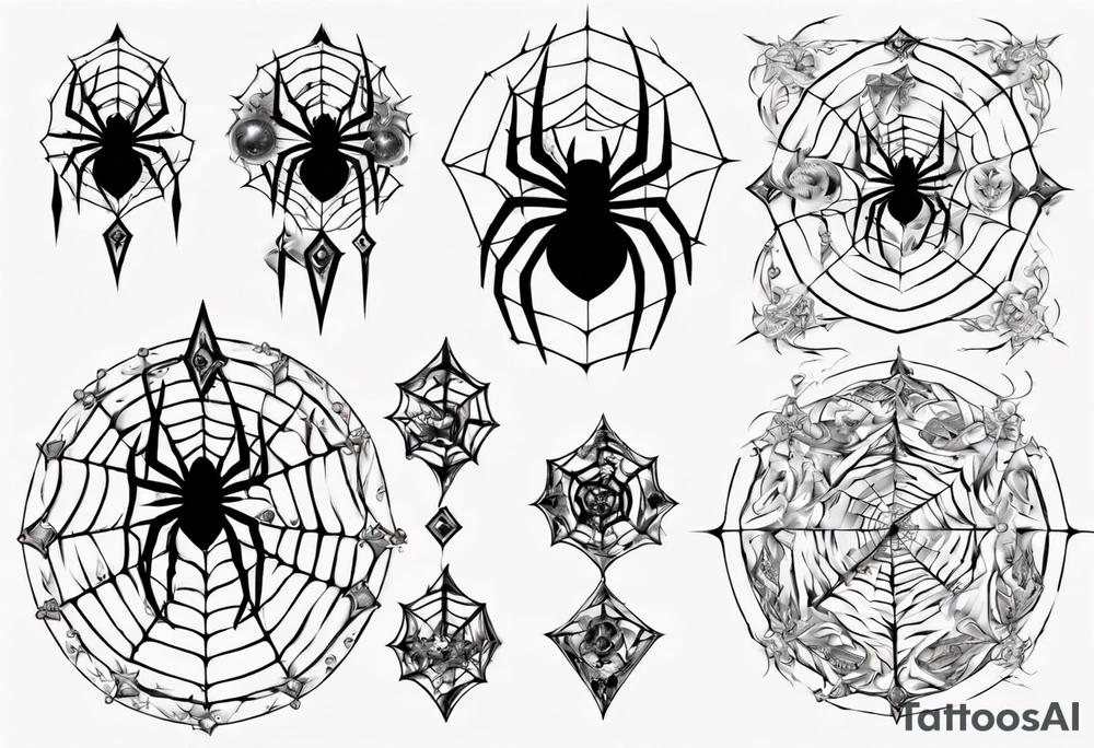 Spider in a spiral spiderweb with jewels and shattered chalices and spiral unicorn horn. tattoo idea