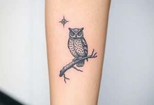 wise owl perched on ancient oak branch under starlit sky tattoo idea