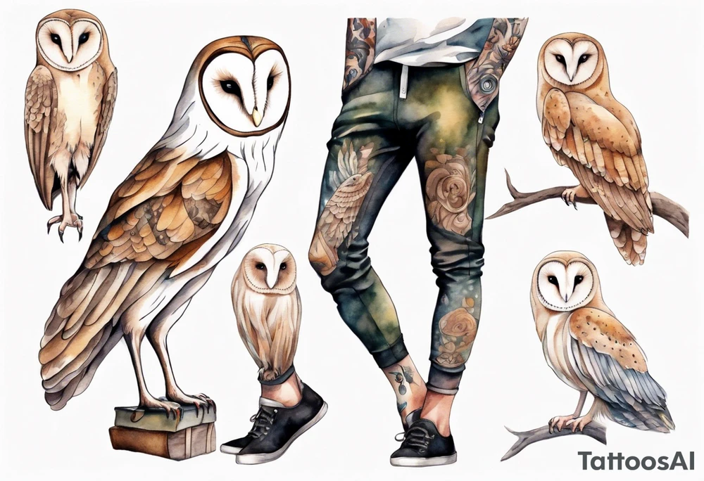 a skinny man with long legs and the head of a barn owl wearing wool leggings and shoes with curled toes tattoo idea
