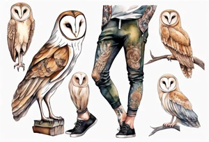 a skinny man with long legs and the head of a barn owl wearing wool leggings and shoes with curled toes tattoo idea