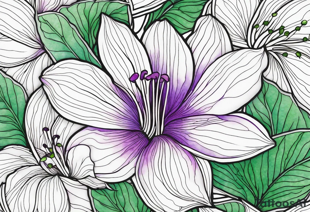 An outline of a rio dipladenia flower with a green and purple watercolor in the background tattoo idea
