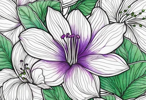 An outline of a rio dipladenia flower with a green and purple watercolor in the background tattoo idea