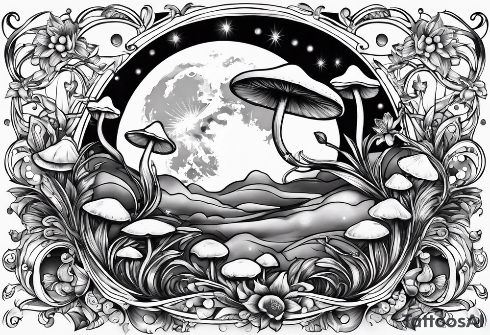 moon with crystals, mushrooms, and lily’s and daisy’s tattoo idea