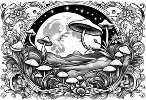 moon with crystals, mushrooms, and lily’s and daisy’s tattoo idea