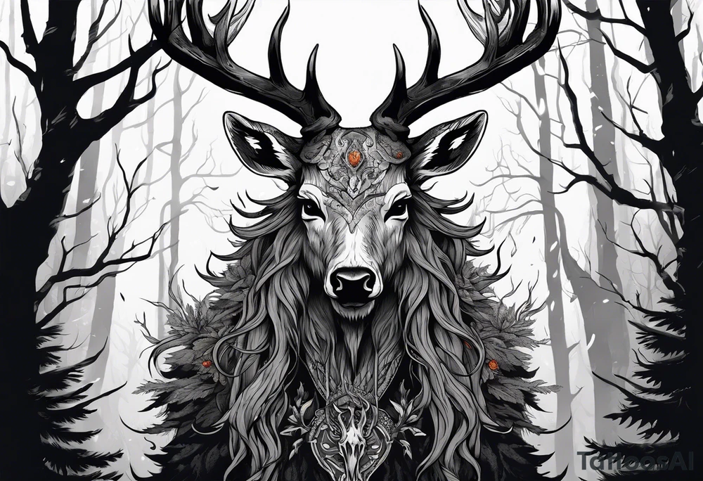 A wendigo with a decayed deer skull head with flames behind in a forest tattoo idea