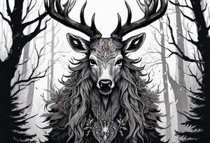 A wendigo with a decayed deer skull head with flames behind in a forest tattoo idea